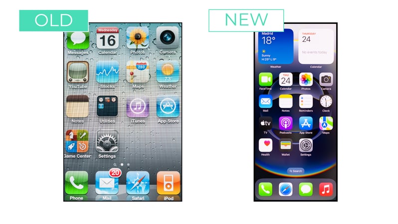 An image displaying the differences between an early version of iOS and a new one.