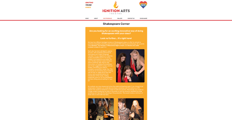 The Shakespeare Corner programme page on the Ignition Arts website.