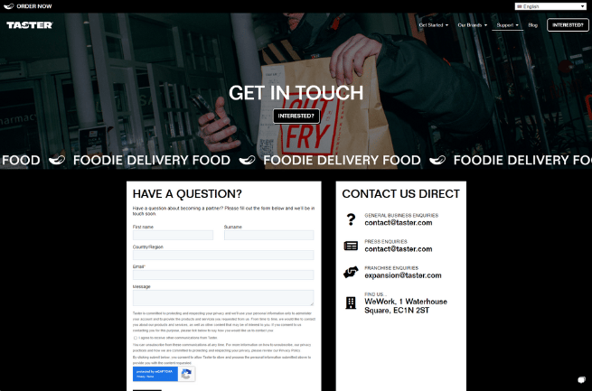 A screenshot of the get in touch page on the Taster website by LoudLocal 