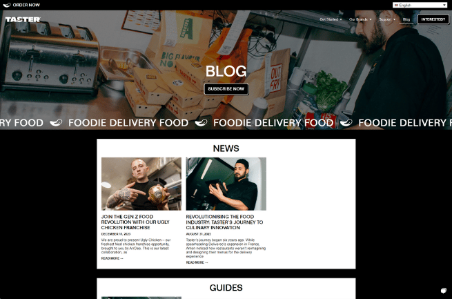 A screenshot of the blog page on the Taster website designed by LoudLocal