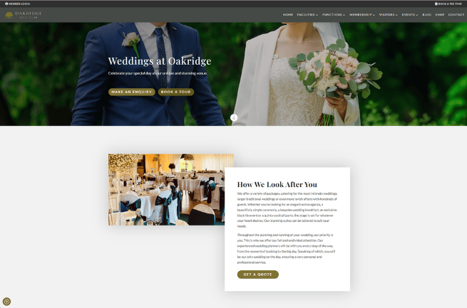 A screenshot of the weddings page on the Oakridge website