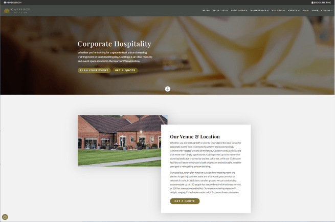 A screenshot of the corporate events page on the Oakridge website