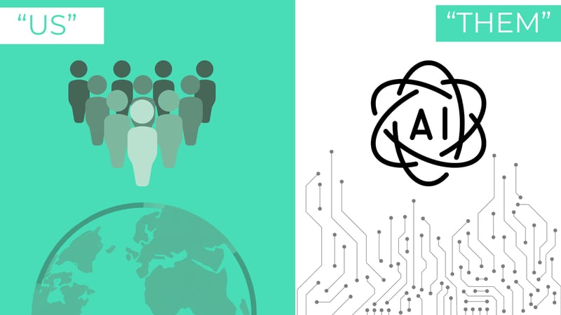 Split graphic comparing humans labeled 'Us' above a group of people and a globe against artificial intelligence labeled 'Them' above an AI icon and circuit board.   