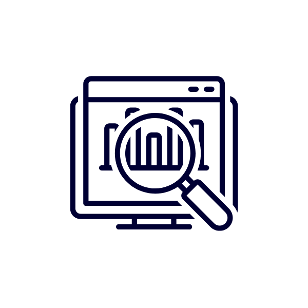 A graphic displaying a computer screen displaying a graph and a magnifying glass 