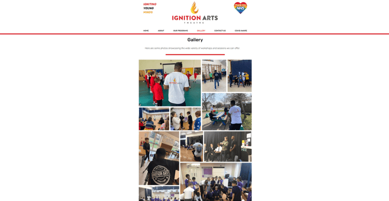 Ignition Arts website gallery showing workshop photographs.