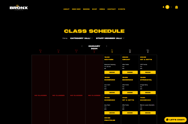 A screenshot of the class schedule on the Bronx website designed by LoudLocal
