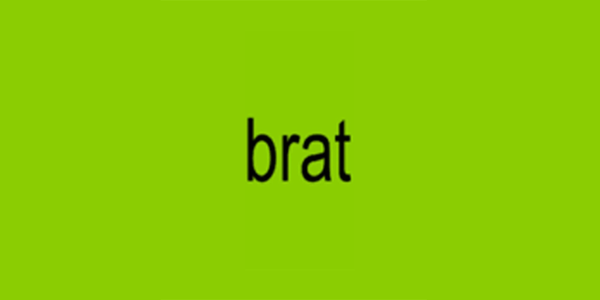 The album cover for Charli XCX's BRAT album. A vibrant green background, with low quality, simple text in all lowercase displaying 'brat'.