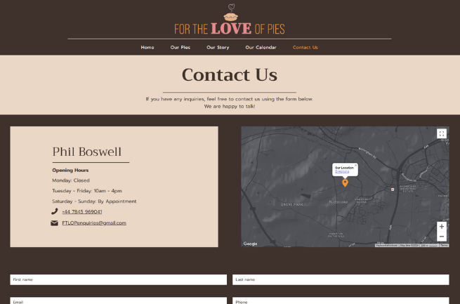 For The Love Of Pies is a client of LoudLocal. This image shows a screenshot of For The Love Of Pies contact us page.