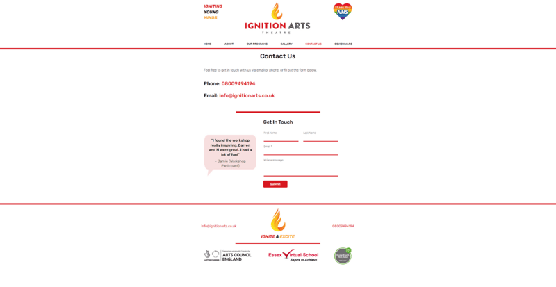 Ignition Arts Contact Us page with its enquiry form.