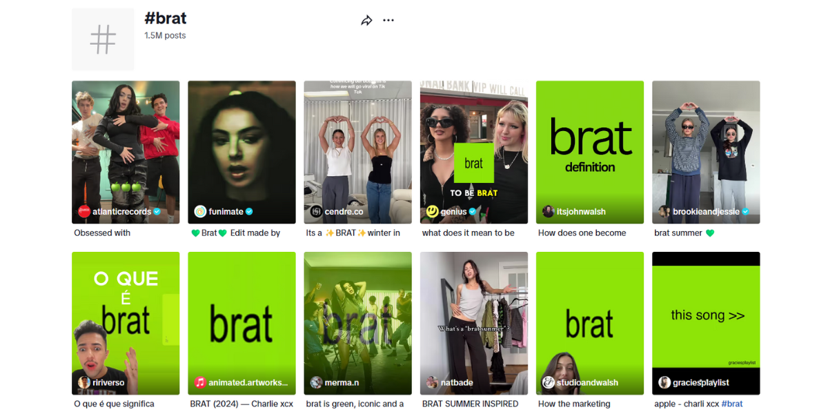 A screenshot taken from TikTok displaying the brat hashtag. In the image is states '1.5 million posts' as well as several user-generated videos underneath alongside brands like Genius, Funimate, and Atlantic Records.
