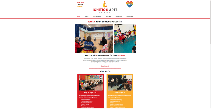 Ignition Arts homepage showing school workshop photographs and programme links.