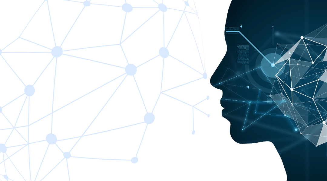 A person's silhouette with technology overlayed to represent AI, on a white background with very faint blue lines and dots.