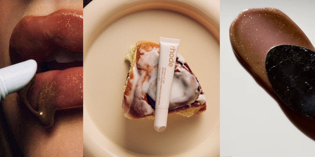 An example of one of Rhode's food sensory marketing campaigns. This campaign was all about cinnamon. Displaying the lip gloss being applied to lips, the product being placed on top of a cinnamon  roll, and the product being spread with a spoon. 