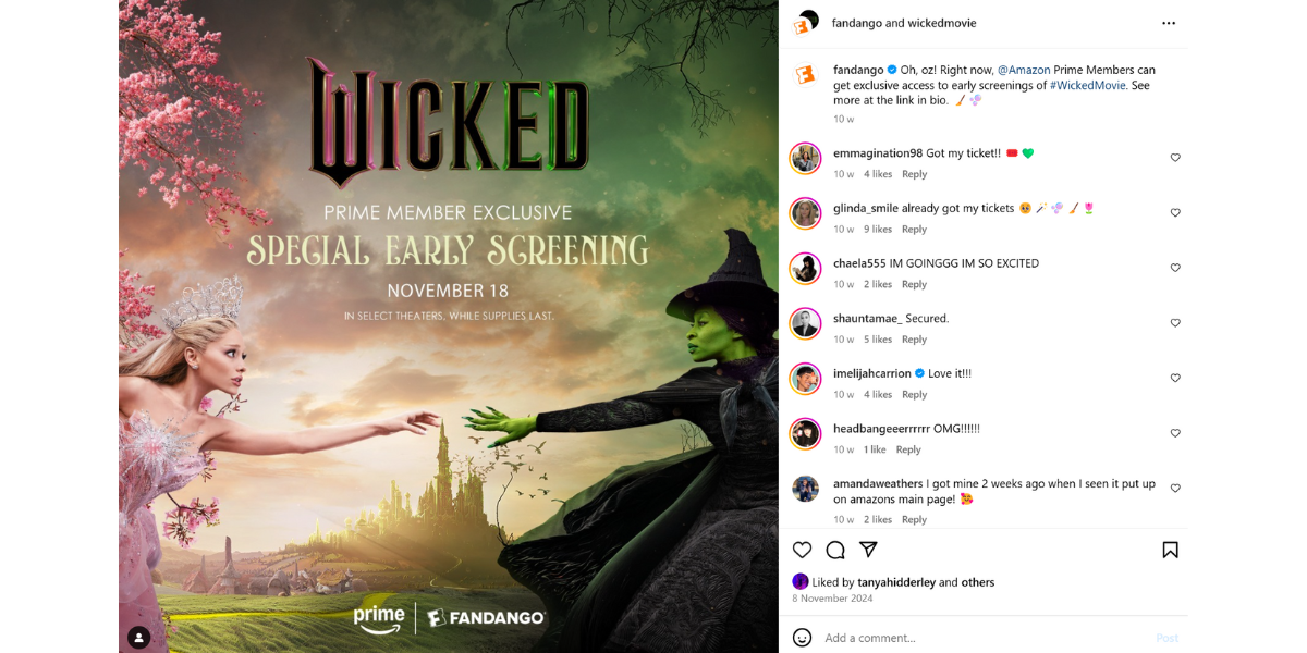 A screenshot taken from Widked's Instagram, announcing a 'Prime member exclusive, special early screening' to fans.
