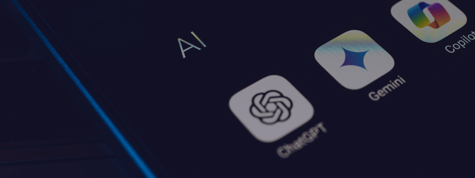 Image of phone screen showing icons for ChatGPT, Gemini and Copilot AI applications representing the tools used for SEO in 2025 - Screen is black and has a slight blur to help with text readability