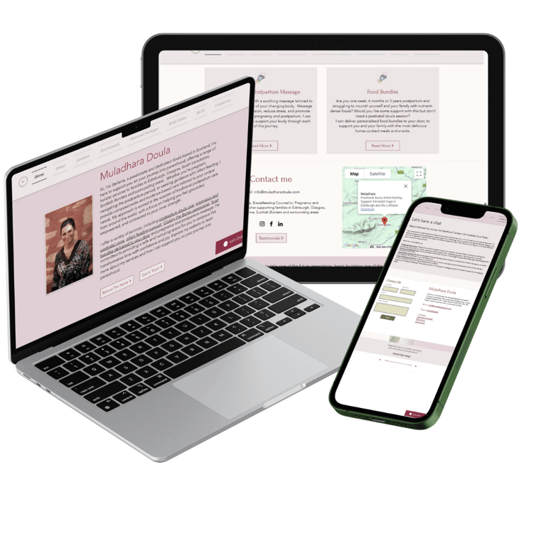 A display of Muladhara Doula's optimised content on their website on multiple devices. 