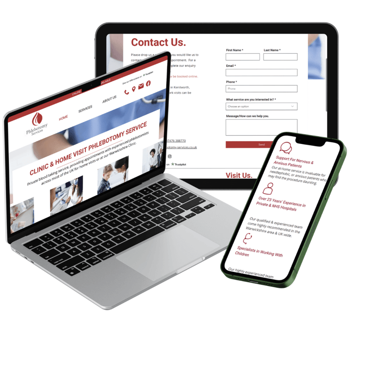 A laptop screen, tablet screen, and phone screen showing different pages of a mobile optimised website created by LoudLocal.