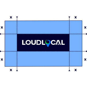 Example logo sizing for brand guidelines using LoudLocal logo in example grid with x amount of spacing around the edge