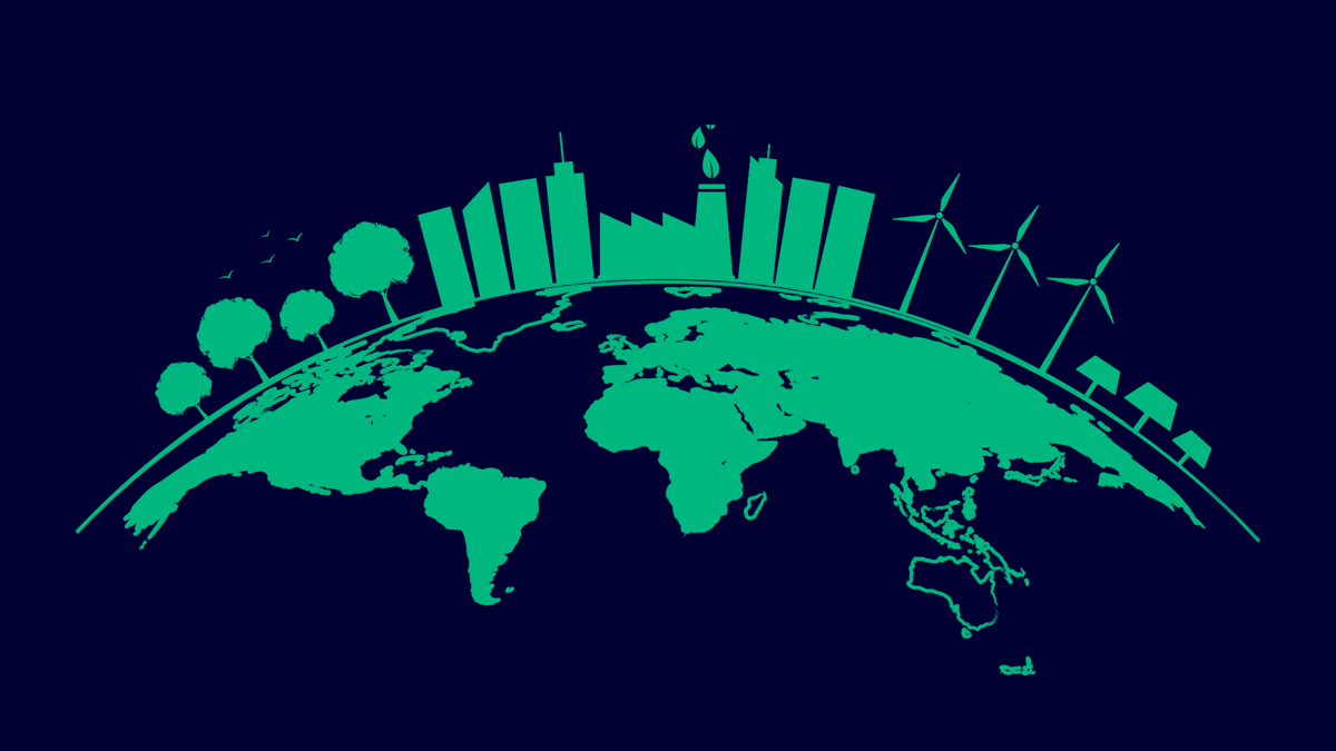 A blue background with a green icon of the world and its operations, promoting sustainability.