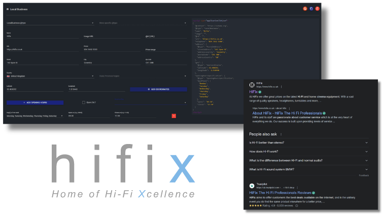 HiFix is a client of LoudLocal, this image shows two screenshots, the top image is of LoudLocal applying schema markup to the HiFix website and the second is showing a screenshots of HiFix appearing in search results showing how the schema mark up has helped its appearance in results.