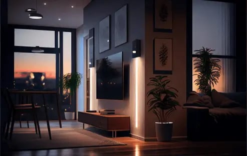This image shows a sound system in a modern house with views of a sunset out the window