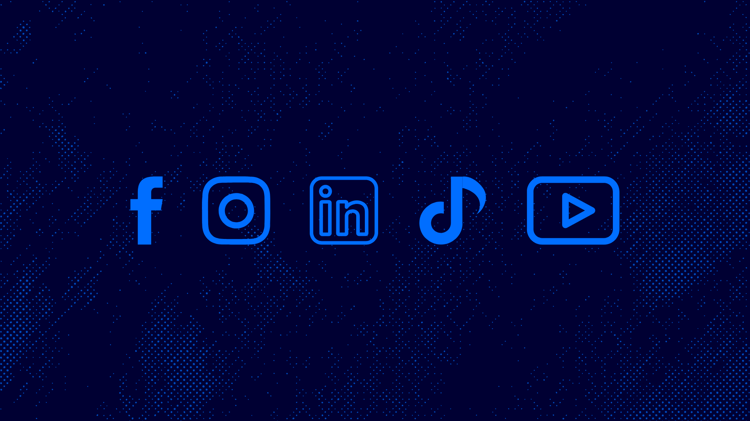 A navy blue background with five social media icons in blue. The icons are the logos of Facebook, Instagram, LinkedIn, TikTok and YouTube