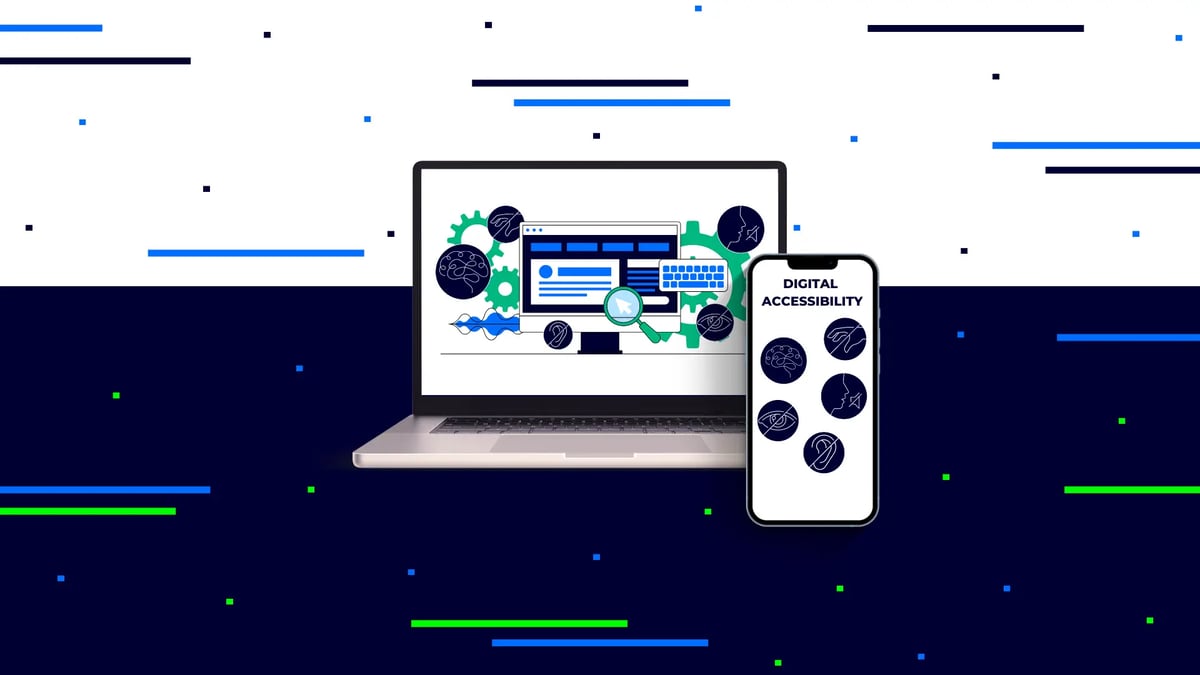 A computer and phone both displaying illustrations of key features of how to make a website accessible