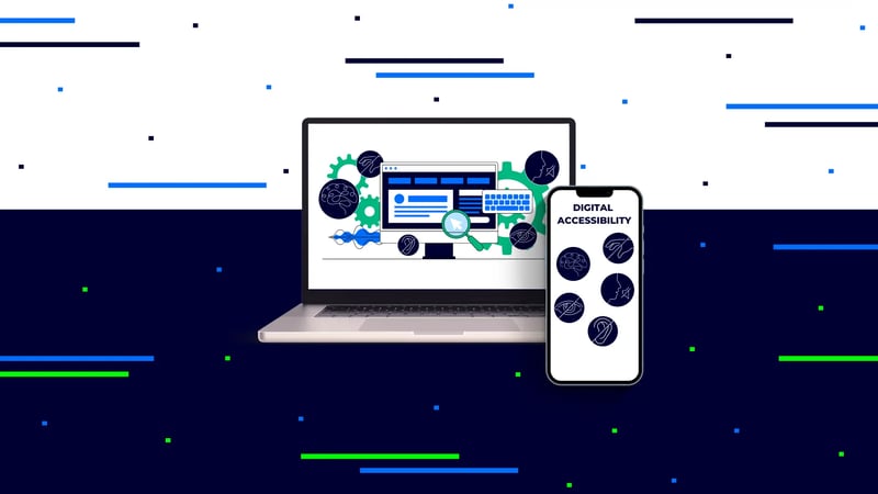 A computer and phone both displaying illustrations of key features of how to make a website accessible