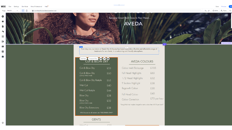 Head Hair & Beauty website showing the redesigned price list.