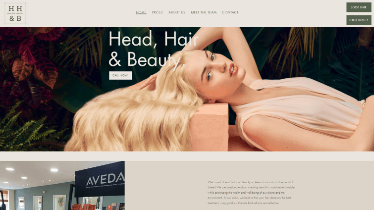 A screenshot of the Head, Hair & Beauty home page after the redesign by LoudLocal