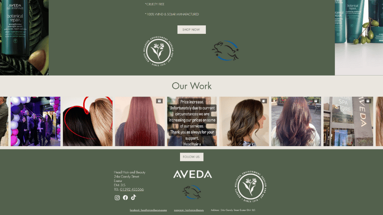 A screenshot of the bottom half of the Head, Hair & Beauty home page with the new footer designed by LoudLocal