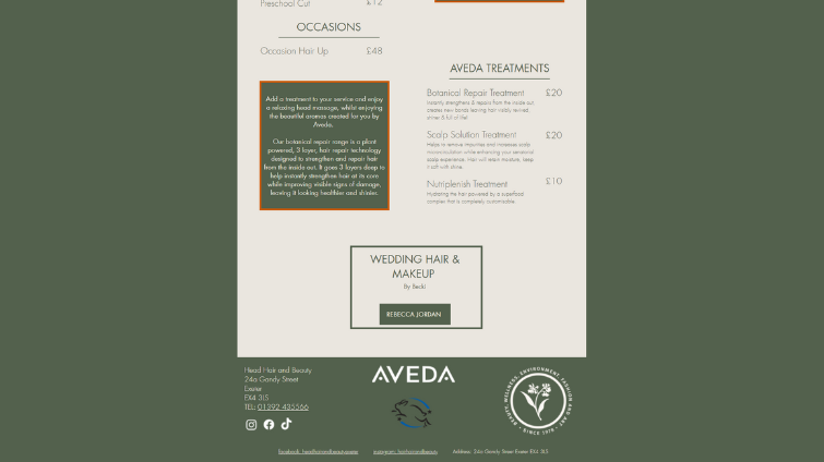 A screenshot of the bottom half of the price list page for Head, Hair & Beauty after redesign by LoudLocal