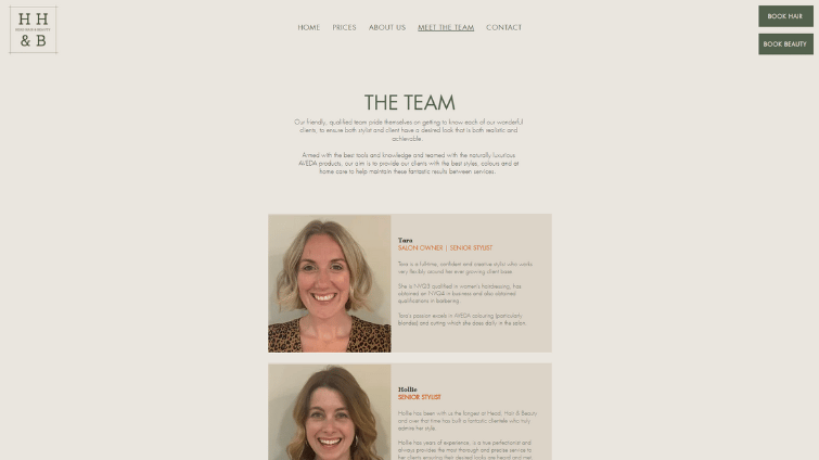 A screenshot of the meet the team page on the Head, Hair & Beauty website that has been redesigned by LoudLocal