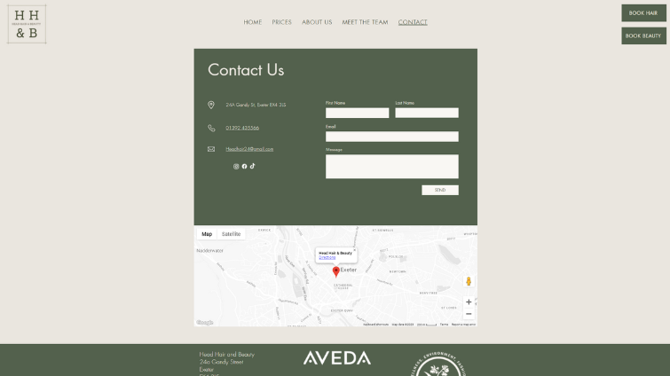 A screenshot of the new contact us page on the Head, Hair & Beauty website designed by LoudLocal, including a map and contact form as well as all the contact details