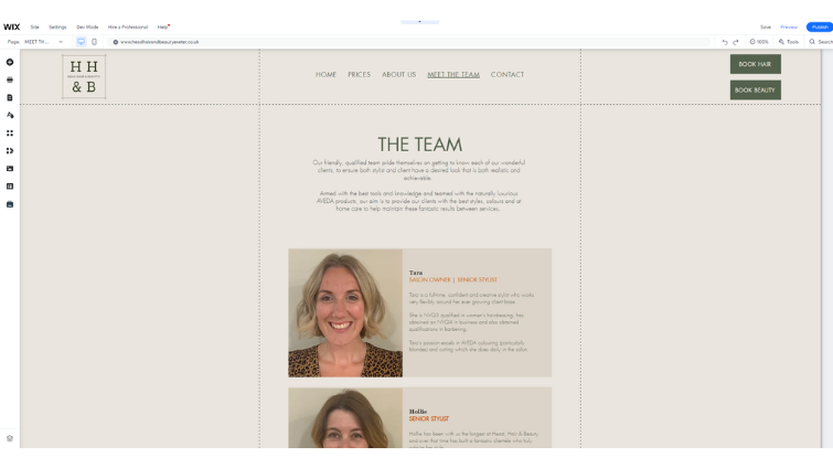 A screenshot of the Head, Hair & Beauty team page on the wix editor after the redesign by LoudLocal