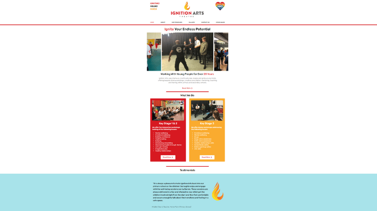 Ignition Arts homepage showing its programmes and workshops.