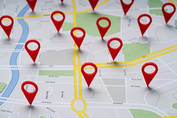 A map with several pin points across