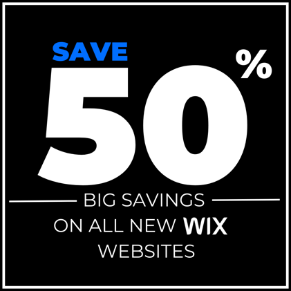 an image saying 'save 50% big savings on all new wix websites' on a black background