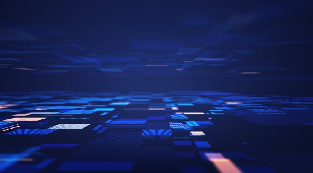 Abstract panoramic background featuring glowing blue and orange digital data tiles extending toward a central horizon line.