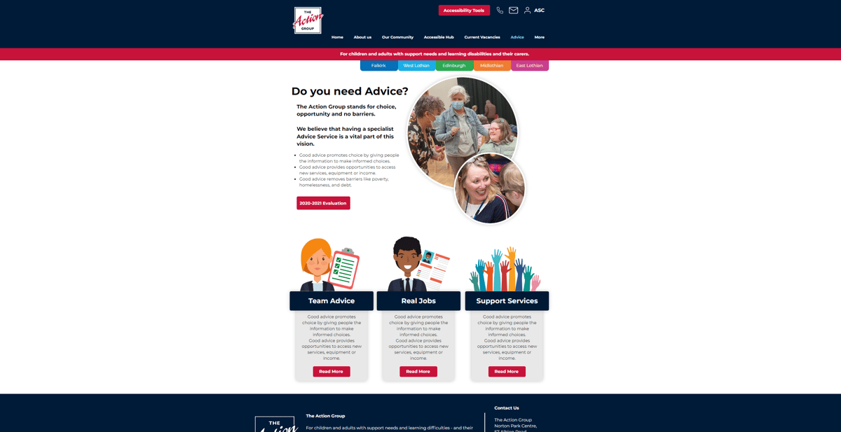A screenshot of the 'advice' page on the Action Group website