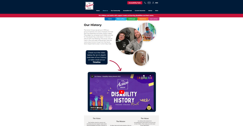 A screenshot of the 'our history' page of the Action Group website