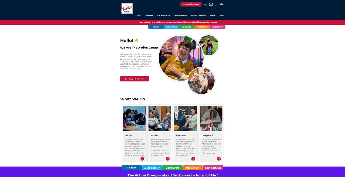 A screenshot of the home page on the action group website