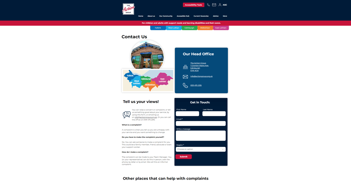 A screenshot of the Action Group contact us page on their website