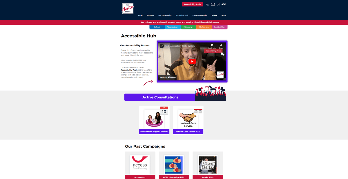 A screenshot of the 'accessibility hub' page on the Action Group website