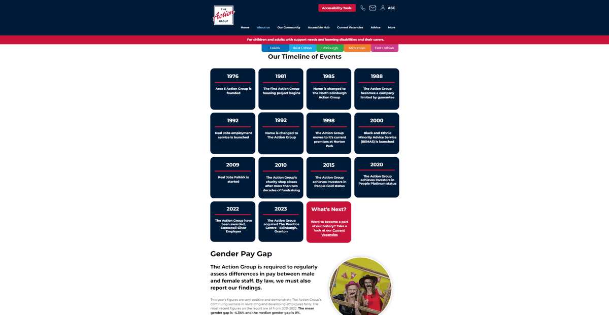 A screenshot of the 'our history' page on the action group website