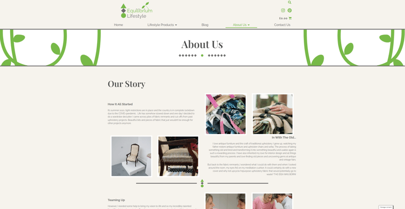 Equilibrium Lifestyle About Us page with the business story and photographs of product making.