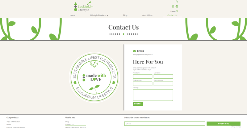 Equilibrium Lifestyle Contact Us page with an enquiry form and sustainable-products emblem.
