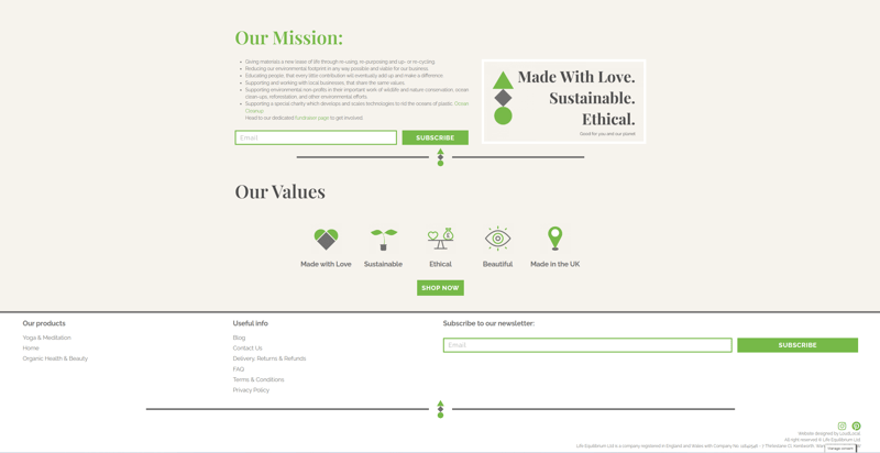 Equilibrium Lifestyle website sections presenting its mission, values and newsletter signup.
