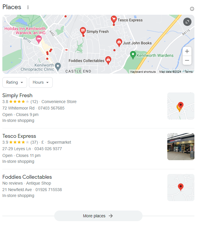 A screenshot of locations Google has suggested based on what was search. This screenshot includes, a map with a pin to show where the locations are, location names, location reviews, location opening times, location closing times, a small image of the location, and a small sentence declaring what the location is