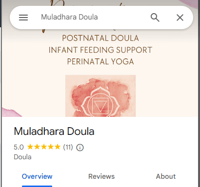 screenshot of Muladhara Doula's google business profile and glowing 5 star reviews.